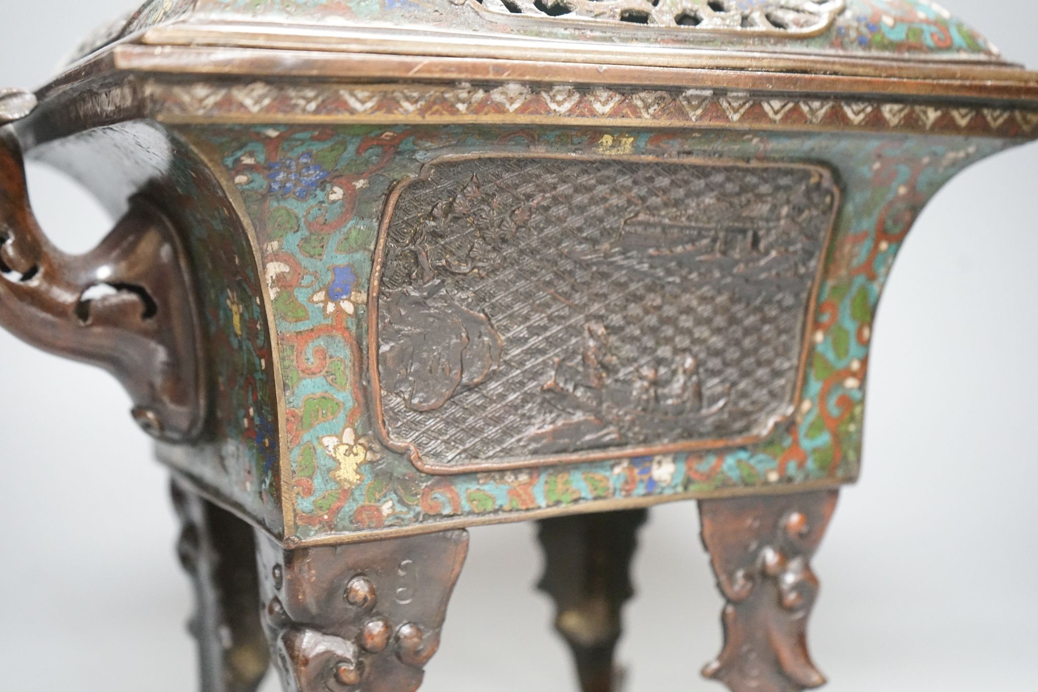 A large 19th century Japanese bronze and champleve enamel censer and cover, 40cm